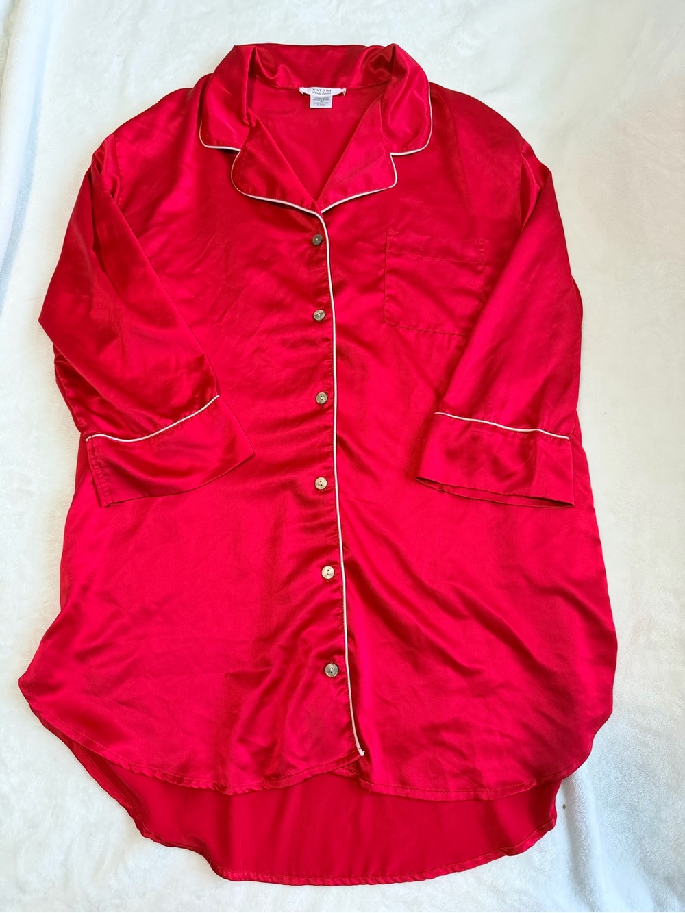 Natori Red Button-Front Sleep Shirt with Contrast Piping Size M